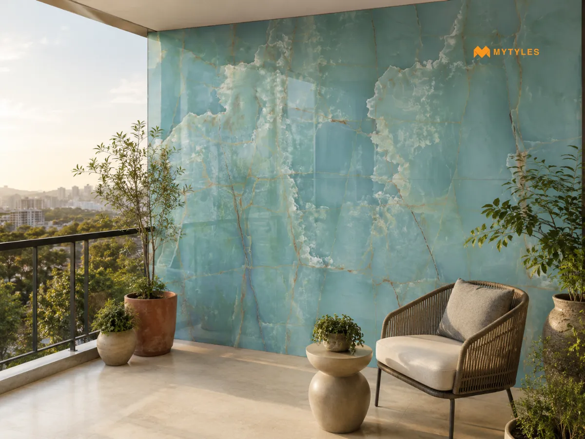 Celadon Blue Glossy Vitrified Marble Tile in Balcony
